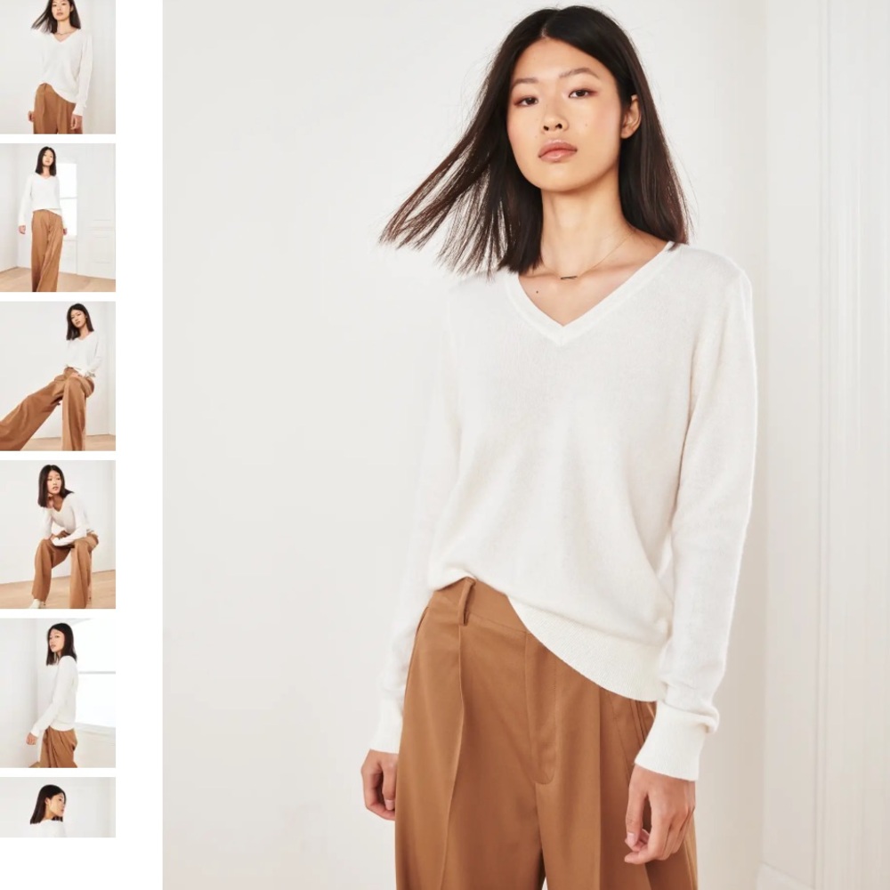 Quince Mongolian Cashmere V-Neck Sweater Ivory Soft Minimalist Sweater